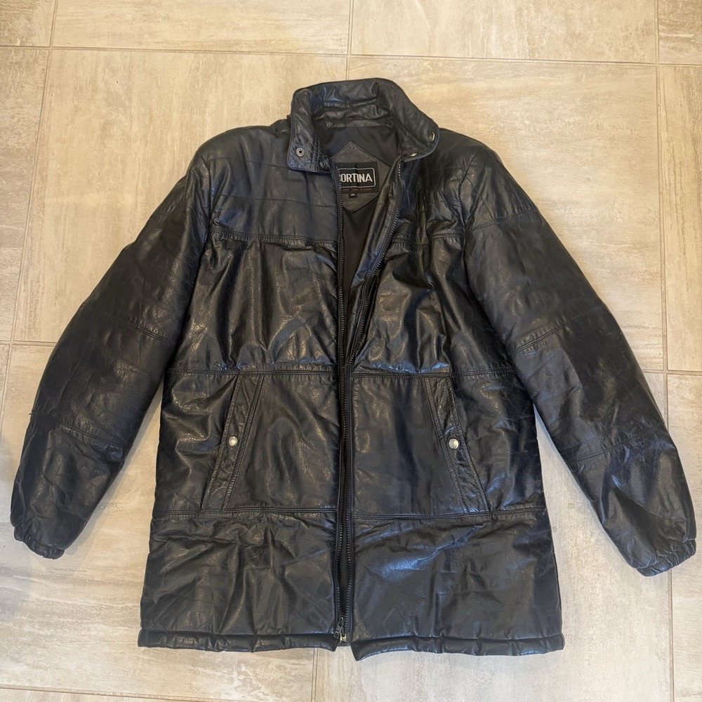 Vintage Men's Black Genuine Leather Jacket Size 40 Cortina Long Trench Style
